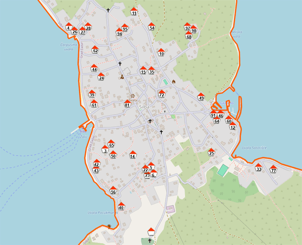 Map of Silba village showing the location of every villa